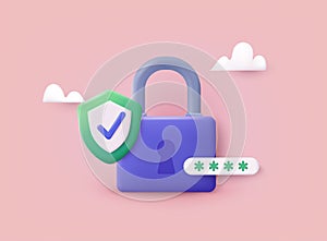 Lock with shield and check mark. Data protection, safety, encryption, protection, privacy concept. 3D Vector Illustrations