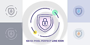 Lock on shield line art vector icon. Outline symbol of access protection. Security pictogram made of thin stroke