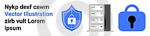 Data Security Concept with Lock, Shield, and Server Illustrations on White Background