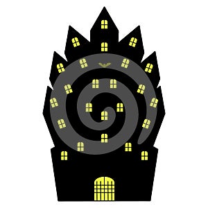 Lock. Silhouette. Residence of Count Dracula. The emblem is a bat. A bright light is burning in the windows of the gloomy house. photo