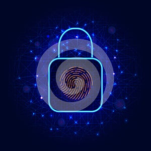 Lock symbol and biometric fingerprint scanner for access to protected data. Cyber security concept with padlock and thumb print se