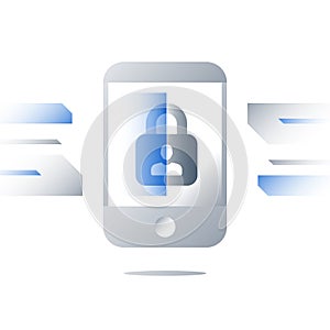 Lock symbol on smartphone screen, phone security technology, personal device access, screen scanning