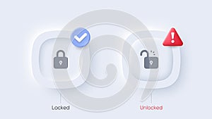 Lock and unlock buttons set. User web interface elements in Neumorphic design. Vector illustration