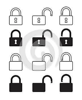 Lock and unlock icon. Padlock open and closed sign. Log in and log out symbol. Security access logo. Vector illustration image.