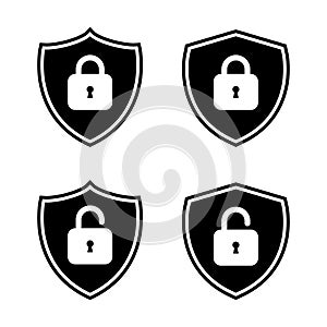 Lock and unlock icon on shield. Safeguard, security symbol vector