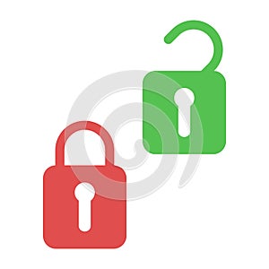 Lock and unlock. Icons of open and closed padlock. Security with key or password. Lock for door or safe. Symbol safety, privacy