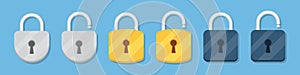Lock and unlock padlock icons collection in a flat design