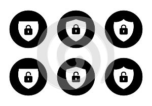 Lock and unlock shield icon set on circle background. Safeguard, security symbol vector