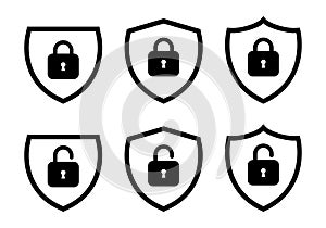 Lock and unlock shield icon set collection. Safeguard symbol vector