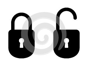 Lock Unlock Symbol Icon. Padlock Open and Close Secured or Unsecured Security.  Black Illustration Isolated on a White Background