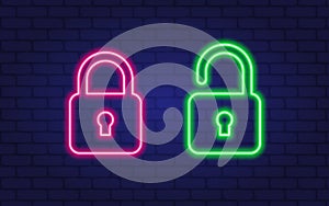 Lock unlock vector icon neon style. Concept flat icons padlock. Vector illustration