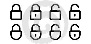 Lock vector icon set. Linear locked and unlocked black line icon set. Lock web button design. Security and guard logo