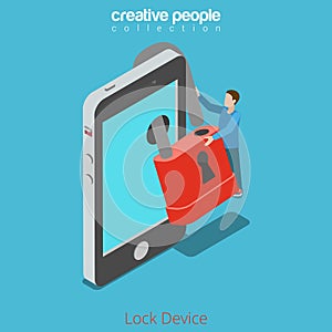 Lock your device secure content concept. Micro man