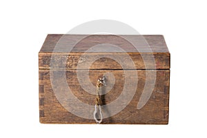 Lockable old wooden box. Container for storing small items with a closed lid