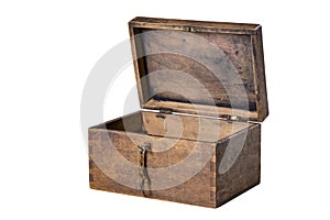 Lockable old wooden box. Container for storing small items with an open lid
