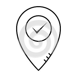 Lockation pin map marker. Outline approved and correct icon in flat style. Check tick mark as ok symbol of business process