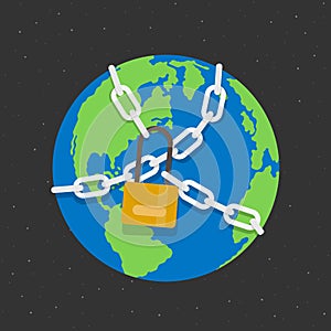 Lockdown concept with the globe world that has Chained and locked