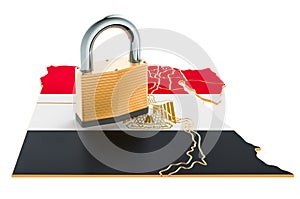 Lockdown in Egypt. Padlock with map, border protection concept. 3D rendering