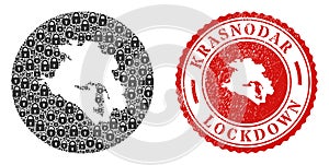 Lockdown Grunge Stamp and Locks Mosaic Stencil Krasnodarskiy Kray Map