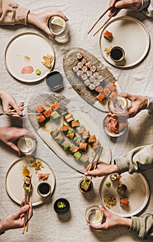 Lockdown home dinner with Japanese sushi from delivery takeaway service