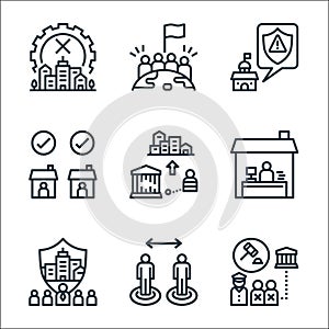 lockdown line icons. linear set. quality vector line set such as arrest, space, participation, home office, prison, responsibility