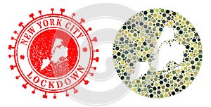 Lockdown Scratched Badge and Virus Outbreak Mosaic Stencil New York City Map in Camo Military Colors