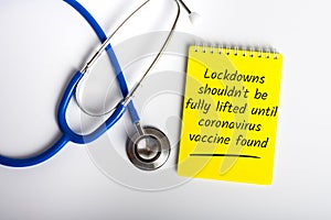 Lockdown should not be fully lifted until Coronavirus Covid-19 vaccines found. Medicine concept