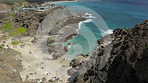 Lockdown static drone view of Halona Beach Cove made famous in From Here to Eternity film on Oahu
