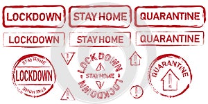 Lockdown, stay home and quarantine stamps in red