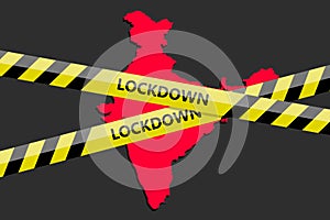 Lockdown tape over India indian state silhouette. Coronavirus threat. Concept image. Vector illustration