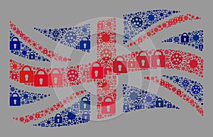 Lockdown Waving Great Britain Flag - Mosaic with Locks and Covid Viruses