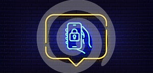 Locked app line icon. Hand hold phone sign. Neon light speech bubble. Vector