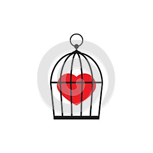 Locked bird cage with red heart icon. Trap, imprisonment, jail concept