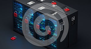 Locked Black Server Racks with Red Padlocks Data Security