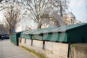 locked cabins of secondhand bookseller on the edge of Seine in Paris