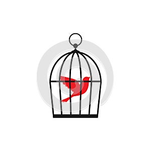 Locked cage with red bird icon. Trap, imprisonment, jail concept