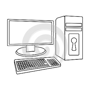 Locked computer icon in outline style isolated on white background. Hackers and hacking symbol stock vector illustration