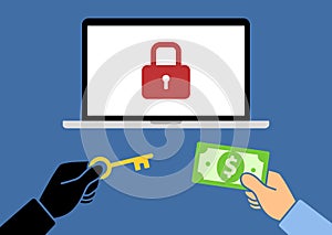 Locked computer ransomware with hands holding money and key flat vector illustration