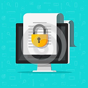 Locked confidential secure document online access on website with private lock on computer pc file vector flat icon