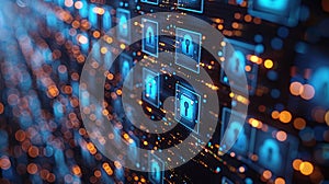 Locked data files display padlock symbols. Digital interface, secure, and encrypted data. AI Generated