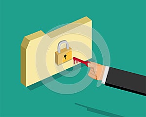 Locked folder and business man with key, vector