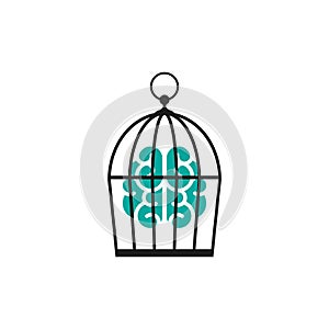 Locked golden bird cage with brain. Trap, imprisonment, jail concept