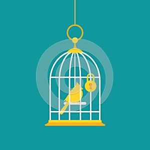 Locked golden bird cage with golden bird inside. Trap, imprisonment, jail concept