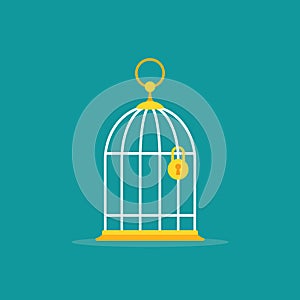 Locked golden bird cage with golden lock icon. Trap, imprisonment, jail concept