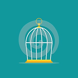 Locked golden bird cage icon. Trap, imprisonment, jail concept