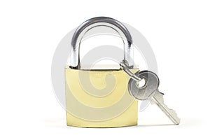 Locked Golden Padlock And Key Isolated On White Background