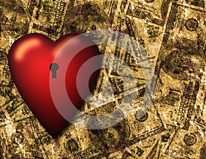 Locked heart and US currency background