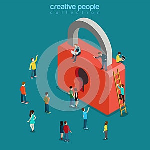 Locked lock young people data security flat 3d isometry vector