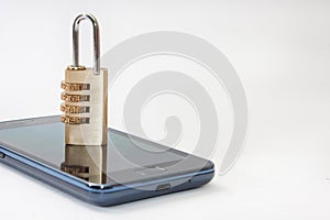 Locked mobile phone with padlock on the left side of the image