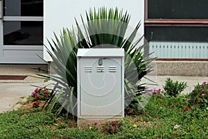 Locked outdoor metal electrical meter box mounted on concrete foundation surrounded with flowers and plants in front of small